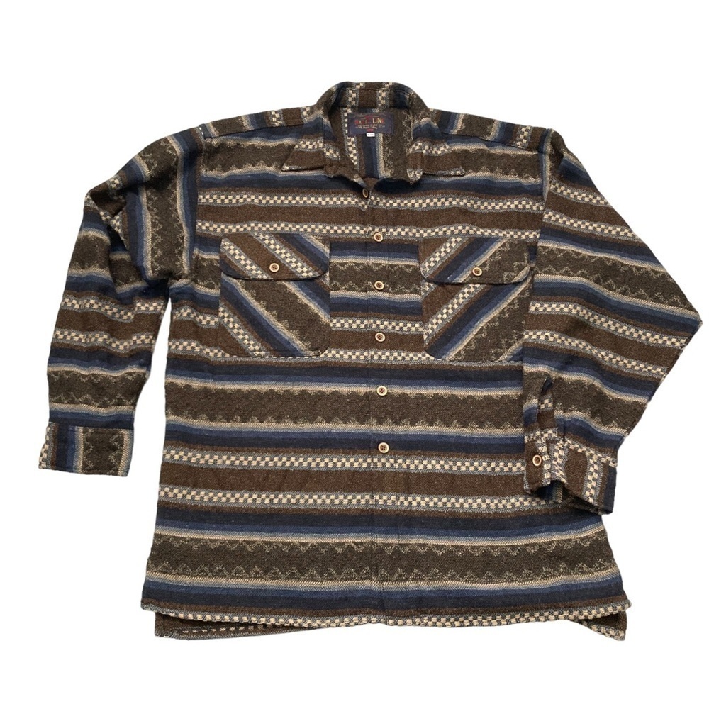 Vintage striped geometric Aztec wool blend woven flannel button down shirt